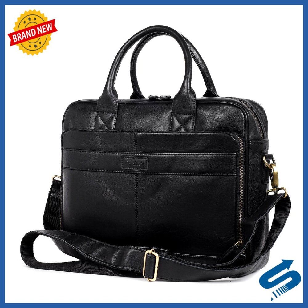 Leather Laptop Messenger Bag Classic Work Satchel Adjustable Shoulder Strap